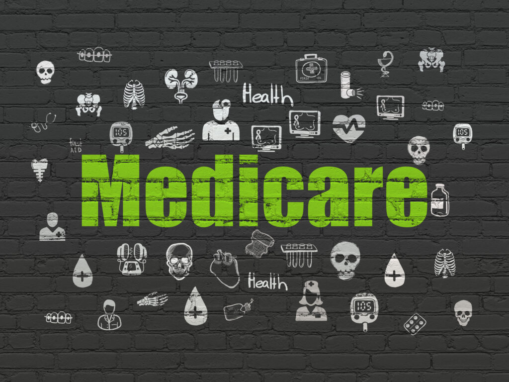 The 7 Most Common Mistakes People Make When Signing Up For Medicare Healthcare concept: Painted green text Medicare on Black Brick wall background with Hand Drawn Medicine Icons