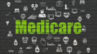 Healthcare concept: Painted green text Medicare on Black Brick wall background with Hand Drawn Medicine Icons