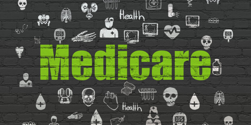 Healthcare concept: Painted green text Medicare on Black Brick wall background with Hand Drawn Medicine Icons